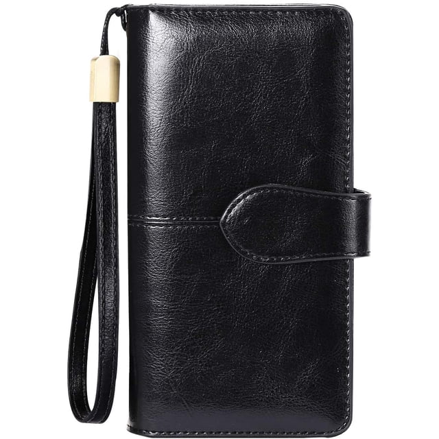 Wallet Leather Ladies Protection Ladies Wallet Large Many Compartments, Wallets Women Large Leather With Many Card Slots And Zipper Gold Purses Ladies Long Xxl (Black). A black leather wallet with a wrist strap, featuring a smooth finish, secure snap closure, and reinforced stitching. Includes RFID blocking technology, 26 card slots, 6 compartments for banknotes, a zippered coin pocket, and space for a mobile phone. Packaged in a gift box, making it ideal as a luxurious present for occasions like birthdays or Mother’s Day.
