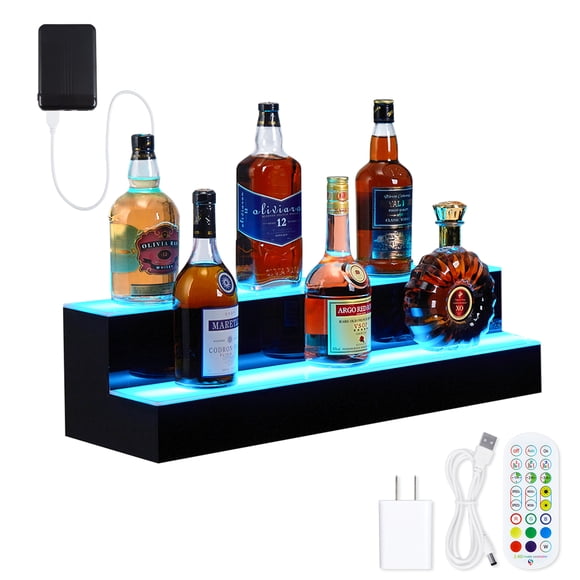 LED Lighted Liquor Bottle Display Shelf, 16 Inch 2-Tier Acrylic Bar Shelf, Multicolor Lighting, RF Remote, Wireless App Control, Music Modes, Wall-Mounted, Rectangle, 2nd Floor, 16 inches