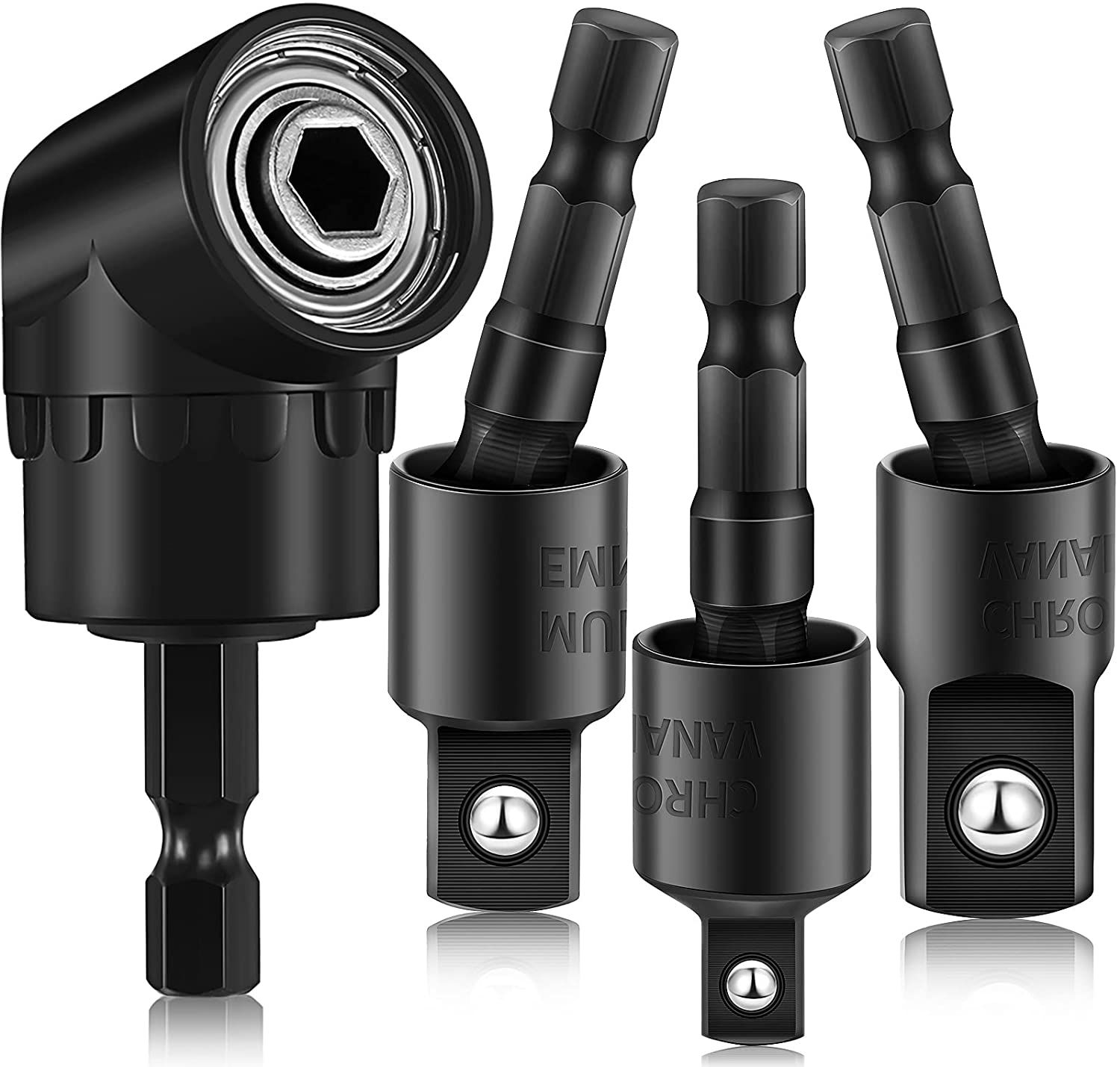 4 Pcs Impact Socket Adapter Set 90 Degree right angle Drill Attachment 360° Rotatable 1/4 3/8 1/2" Impact Grade Socket Adapter for Cordless & Screwdriver Power Drill & Driver(Black)