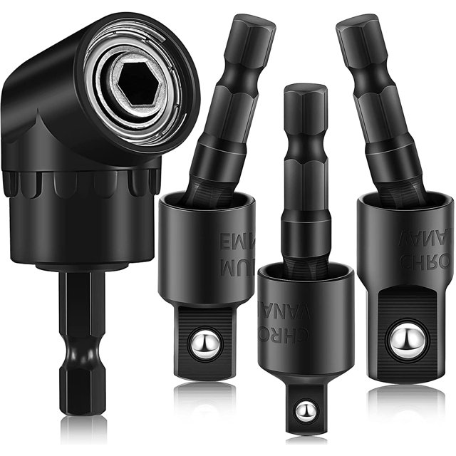 4 Ensemble d'adaptateurs de socket à impact Pcs 90 Degré angle droit Perceuse 360° Adaptateur de socket rotatif 1/4 3/8 1/2" pour sans fil & Perceuse à tournevis & Chauffeur (Noir)