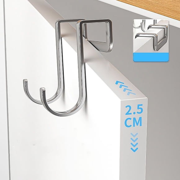 Stainless Steel S-Shaped Double Hook Hangers for Kitchen Utensils, Non-Perforated, Fits 2.5CM Thick Doors, Multi-Functional Cabinet and Wardrobe Organizer