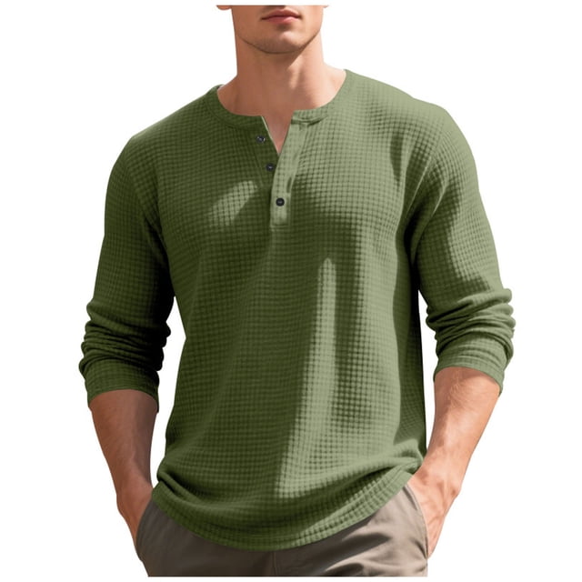 fatyb Casual Shirts for Men Long Sleeve Tshirts Button Pullover Solid Color Mens Lightweight Tee Tops