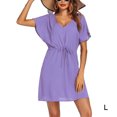 thumbnail image 1 of Robes à Col en V pour Femmes Mode S-TTG Manches Courtes Robe de Plage au-Dessus du Genou Couleur Unie Robe d'Été Mode Urbaine Violet L, 1 of 7