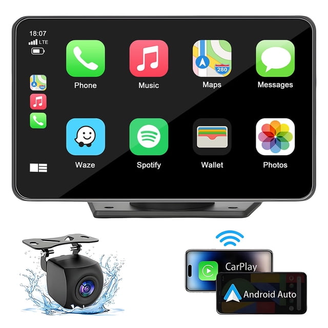 Capapro 7" HD Portable Carplay Wireless Touch Screen Double Din Car Stereo Compatible Apple Carplay and Android Auto with GPS Navigation, Voice Contr