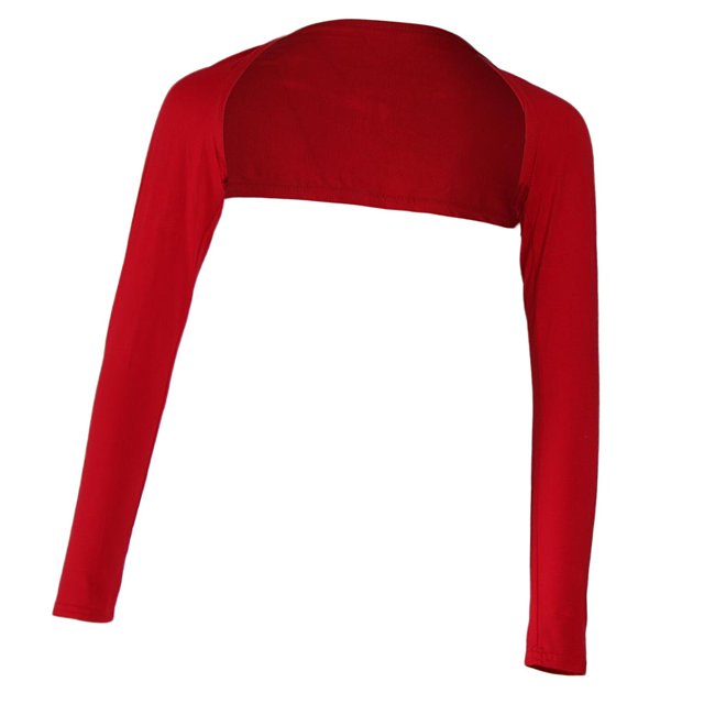 Womens Solid Open Cropped Elastic Arm Cover Shrug Hijab in red, featuring a lightweight and stretchy modal fabric. This long-sleeved shrug has an open front design, covering the entire arm. The total length is 152cm (59.8in), with a back length of 16cm (6.3in), shoulder width of 36cm (14.2in), and sleeve length of 58cm (22.8in). Suitable for Ramadan and modest wear.
