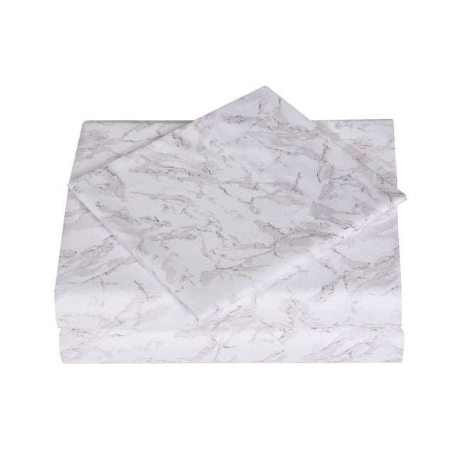 Mainstays Ensemble de Draps en Microfibre Doux, Entretien Facile – Imprimé avec un Ensemble de Draps en Microfibre Blanche Pliée Présentant un Motif Marbre Gris Pâle, Incluant Drap-Housse à Poche Profonde, Drap Plat et Taies d'Oreiller, Fabriqué à Partir de Tissu Résistant aux Plis, Certifié Oeko-Tex, Convient à une Literie Confortable et durable.