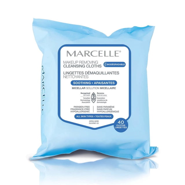 Marcelle Chiffons Nettoyants Biodégradables et Recyclables, 25 Chiffons dans une Pochette Bleu Pâle Refermable avec Étiquette Blanche et Bleue, Conçus pour Se Démaquiller en Douceur avec une solution Micellaire, Hypoallergéniques et Convenant à Tous les types de Peau, Fabriqués à Partir de Fibres 100 % Biosourcées Provenant de Forêts Durables.