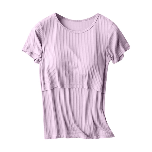 Penkiiy T-Shirts d'Allaitement pour Femmes, Manches Courtes, Col Rond, T-Shirts, Blouse Multifonction, Chemise Post-Partum Unie, Violet, pour L