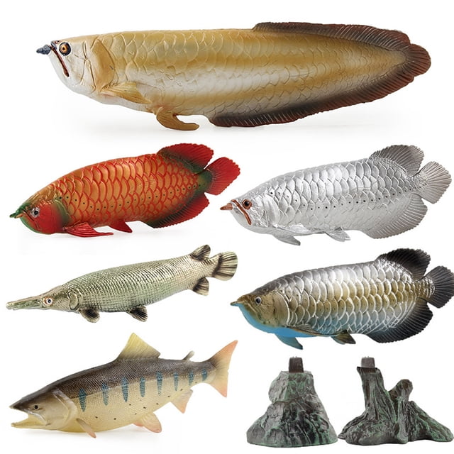 Gprince Simulation Marine Animal Model Realistic Fish Aquarium Action Figures, designed as educational toys for cognitive learning. Includes detailed plastic fish models such as silver Arowana, red Arowana, gar, salmon, and others, with bases for display. Suitable for children aged 3 and above.