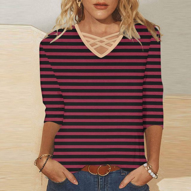 RXIRUCGD Haut à Manches 3/4 Col en V Mode et Décontracté pour Femmes, Rouge, Taille : TG