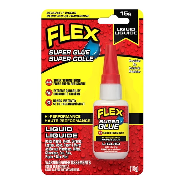 Flex Super Glue Liquid 15 g bottle with precision tip in red and yellow packaging, providing a high-performance, ultra-fast drying adhesive that bonds instantly and holds strong on plastic, metal, ceramic, leather, wood, and paper, suitable for quick repairs and DIY projects.