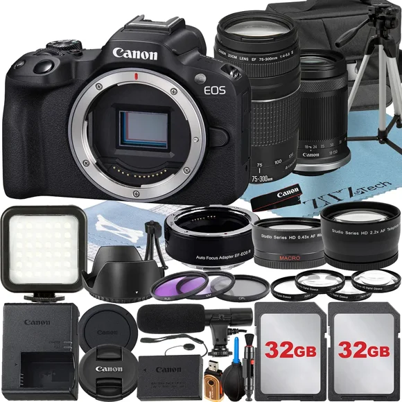 Canon EOS R50 Appareil Photo Sans Miroir avec Objectif RF-S 18-150mm + EF 75-300mm + Adaptateur de Monture + Lot de 2 Cartes Mémoire 32 Go + Étui + Accessoire ZeeTech