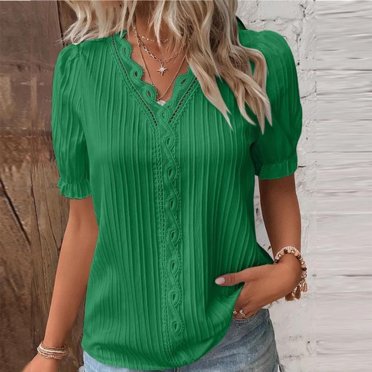Pxiakgy Hauts Grande Taille pour Femmes Été Dentelle Col en V Chemisier Élégant Mode Couleur Unie Manches Courtes Confortable Doux Vert + 3TG