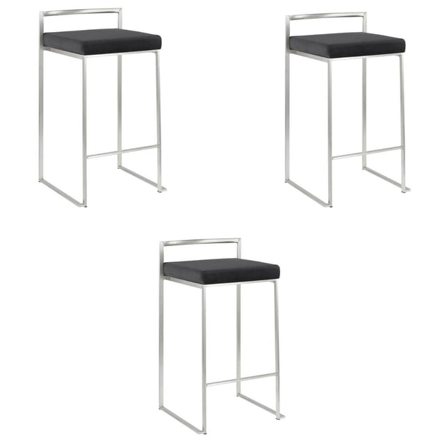 Heavenly Collection Black PU Stool with Stainless Steel Frame SET OF 3 featuring three bar stools with black PU cushioned seats and chrome-finished stainless steel frames, designed with a minimalist square frame and footrest, suitable for kitchen and dining seating and often used as versatile seating for home bars or counters.