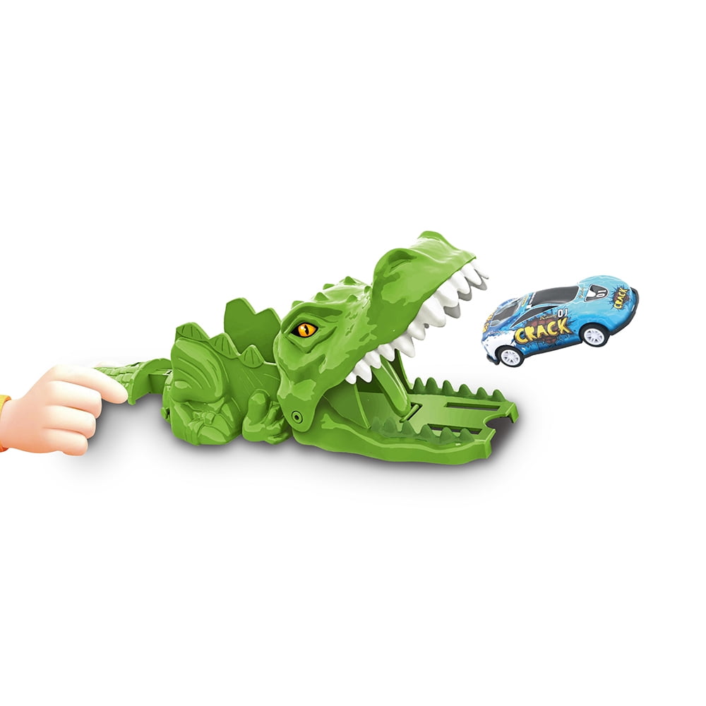 Ensemble jouet lanceur de voitures de course dinosaure, jeu de course catapulte à appuyer pour lancer avec mini voiture de course métallique et accessoires de piste, jeu de véhicul(CAR COLOR MAY VARY)