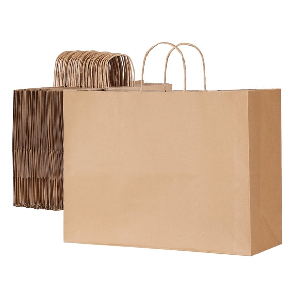 KFFKFF Kraft Paper Bags with Handles, 100Pcs 16 x 6 x 12 in, Large Paper Grocery Bags, Reusable & Recycled Take-Out Sacks, Plain Party Bag Bulk, Brown