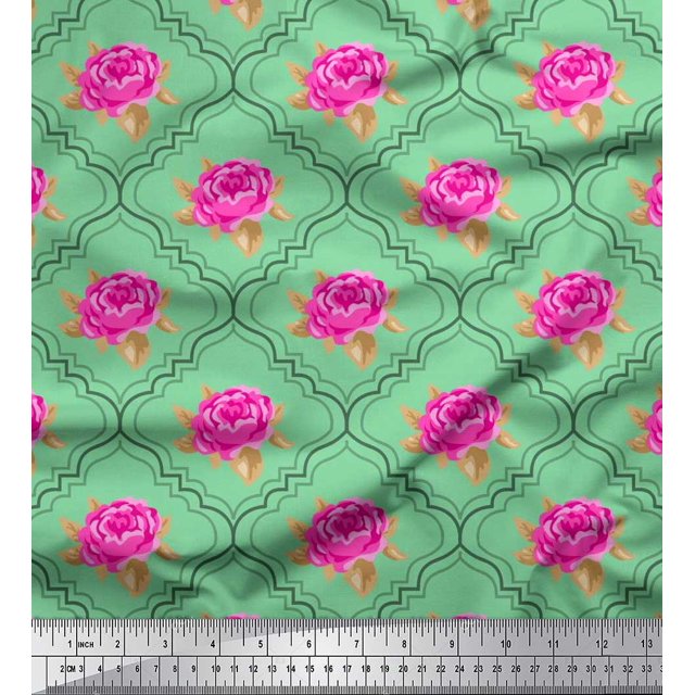 Soimoi Tissu Crêpe polyester Design Quatrefoil, Imprimé Floral Feuilles & Roses Tissu au Mètre 42 Pouces de Large