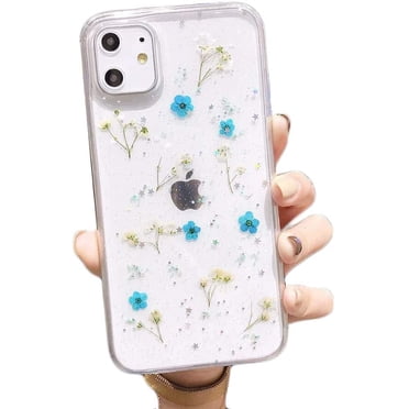 Compatible avec iPhone 11 Étui à Fleurs, Feibili Souple Transparent Flexible en Caoutchouc Pressé à Sec Vraies Fleurs Étui Filles Paillettes Floral Étui Transparent avec Fleurs pour iPhone 11