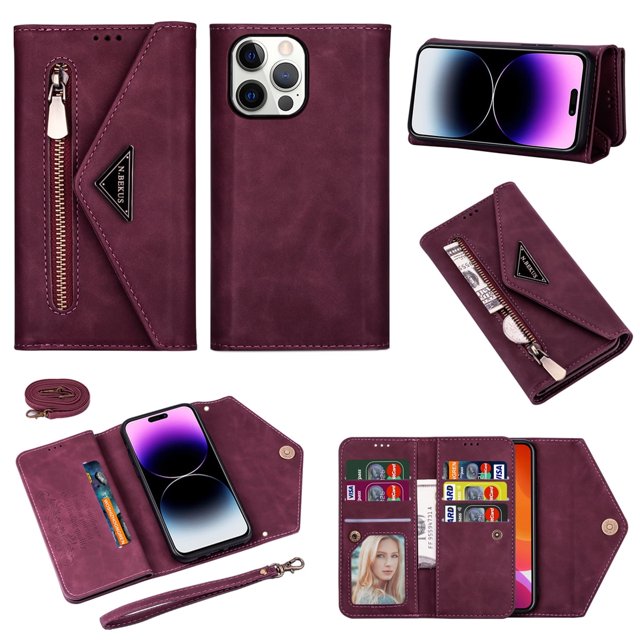For iPhone 15 Pro Wallet Case,Women/Men A Multi-Card Slot Card Holder Premium Folio Flip Leather Protective Zipper Pocket Purse Wallet Case With Hand Strap and Shoulder Strap Case