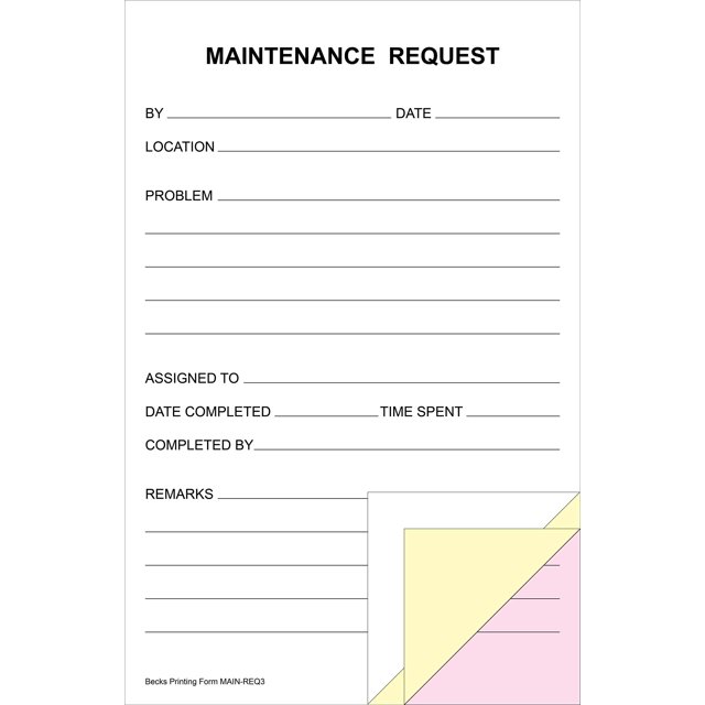 Maintenance Request Forms on 3 Part Carbonless Paper (Pack of 250)
