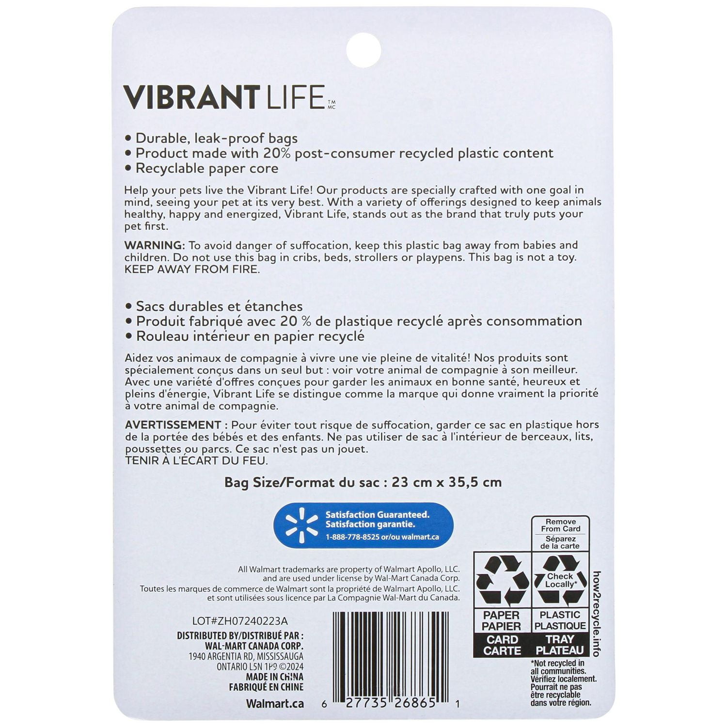 Vibrant Life Sacs à Excréments pour Chiens avec Distributeur, Non Parfumés, 30 Sacs