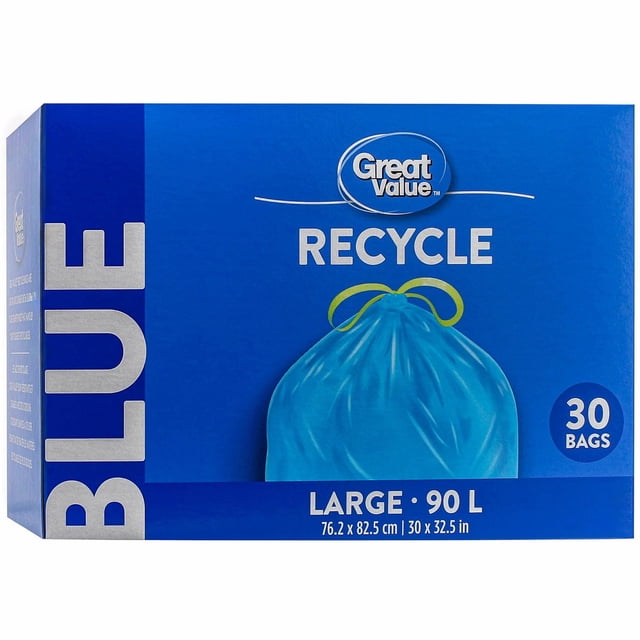 Great Value Large Blue Recycle Bags box with 30 large blue plastic recycling bags featuring yellow drawstring ties, each bag holding 90 L (76.2 x 82.5 cm) capacity, designed for household recycling and fitting large outdoor bins.