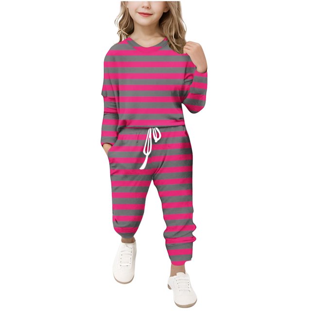 Plebaso Ensemble 2 Pcs Garçons Filles Tenues Rayées Manches Longues Col Rond Hauts Joggeurs Vêtements Décontractés Enfants