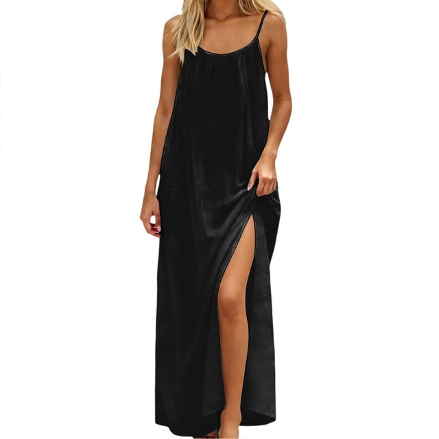 Daiosportswear Robe Longue de Détente pour Femmes à Bretelles Spaghetti, Dos Nu, Coupe Ample, Robe-Robe à Manches Courtes pour Femmes Noire P(S)