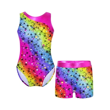 Hansber Kids Girls 2 Pcs Gymnastics Outfits Ballet Dance Leotards with Shorts Tumbling Activewear Sets Starry Rainbow 6