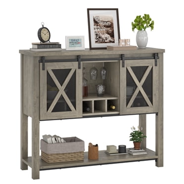 Coffee Bar Cabinet, Sideboard Buffet Storage Cabinet with Storage, Farmhouse Wine Bar Cabinet with Wine Glass Rack, Liquor Cabinet Bar for Home, Kitchen, Dining, Living Room, Grey