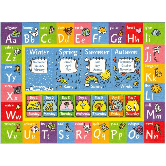 KC Cubs Playtime Collection ABC Alphabet, Seasons, Months and Days of The Week Educational Learning & Game Area Rug Carpet for Kids and Children Bedrooms and Playroom, 8 x 10 size, featuring colorful alphabet blocks with letters A to Z paired with images like alligator, bunny, cake, and kangaroo, a central section illustrating four seasons with months and weather icons including snowy, rainy, sunny, and windy, and a row showing days of the week from Sunday to Saturday with day numbers and simple illustrations, suitable for interactive learning in preschools and playrooms.