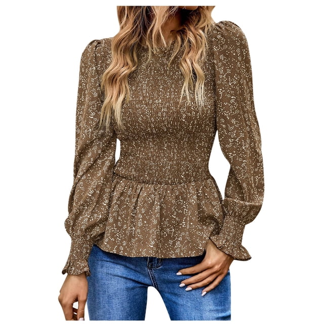 IROINID Liquidation T-Shirts à Manches Longues pour Femmes Col Rond Imprimé Floral Taille Élastique Manches Évasées Plissées Dentelle Col en V Hauts à Manches Longues, Café