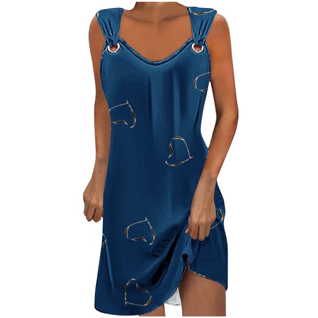 Penkiiy Robes de Printemps pour Femmes 2024 Décontractées Imprimées Amples Couleur Unie Col Rond Tempérament Élégantes Robes Dos Nu 2TG Bleu