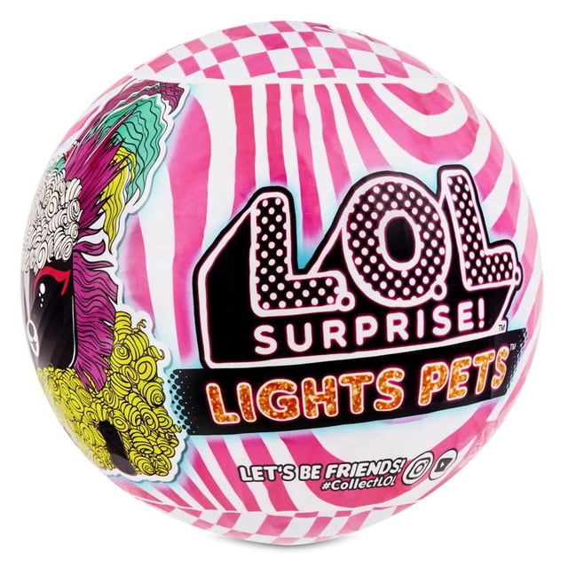 L.O.L. Surprise! Lights Pets toy ball packaging with pink and white swirl and checkerboard patterns, featuring the bold L.O.L. Surprise! logo and illuminated Lights Pets text, plus a colorful illustrated pet character with vibrant fur, designed for unboxing collectible electronic pets.
