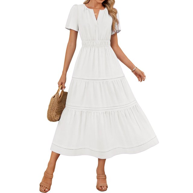 Meichang Robes Midi d'Été pour Femmes à Manches Courtes, Encolure en V Fendue, Taille Plissée, Robe Trapèze, Évasée, Décontractée, à Étages, Longue, Robes d'Invitée de Mariage