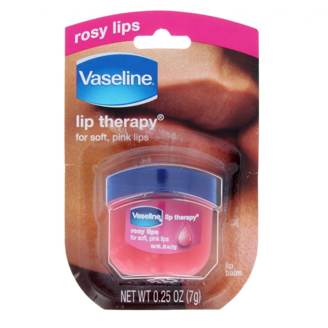 Vaseline Lip Therapy Cutie Jar 7g Rosy Balm 7g mini rosy jar of Vaseline lip balm with a non-sticky petroleum jelly formula that melts on contact, provides long-lasting moisturization and a sheer pink tint with light rose fragrance; pocket-sized for on-the-go care and suitable for softening dry cuticles.