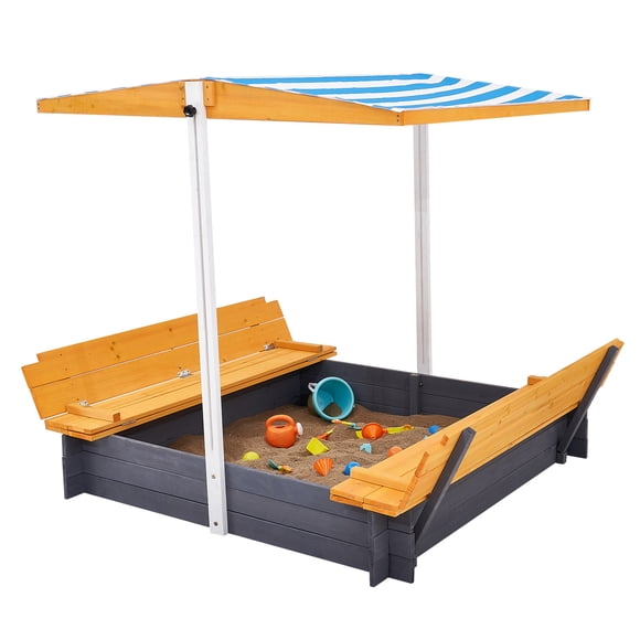 KFFKFF Bac à Sable en Bois, Dimensions 57.3 x 47.2 x 47.2 Po, Bac à Sable avec Banquettes Rétractables et Doublure de Base, Authentique Bac à Sable en Bois pour Enfants pour Jardin Extérieur, Plage, Parc
