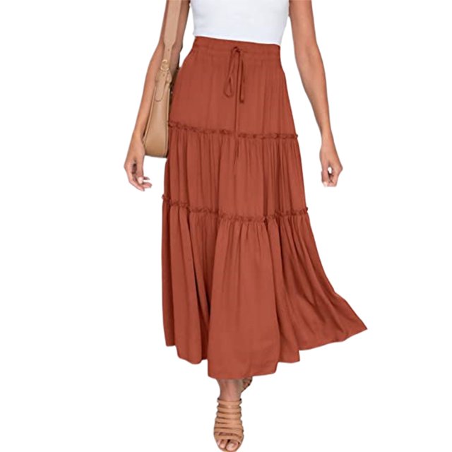 LUXUR Jupes pour Femmes Jupe Midi Évasée à Volants Fluide Taille Haute Orange m