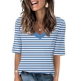 thumbnail image 2 of Penkiiy T-Shirts à Manches Courtes à Blocs de Couleur Rayés pour Femmes, Col Rond, Décontractés, Amples, Chandails à Enfiler, Hauts d'Été, Tee-Shirt, m Bleu, 2 of 5