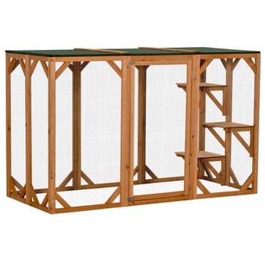 PawHut Cage pour Chat Intérieur Catio Extérieur Enclos pour Chat Maison pour Animal Clapier pour Petit Animal pour Lapin, Chaton, Cage Chenil avec Toit Imperméable, Plateformes à Plusieurs Niveaux, Serrure, Orange