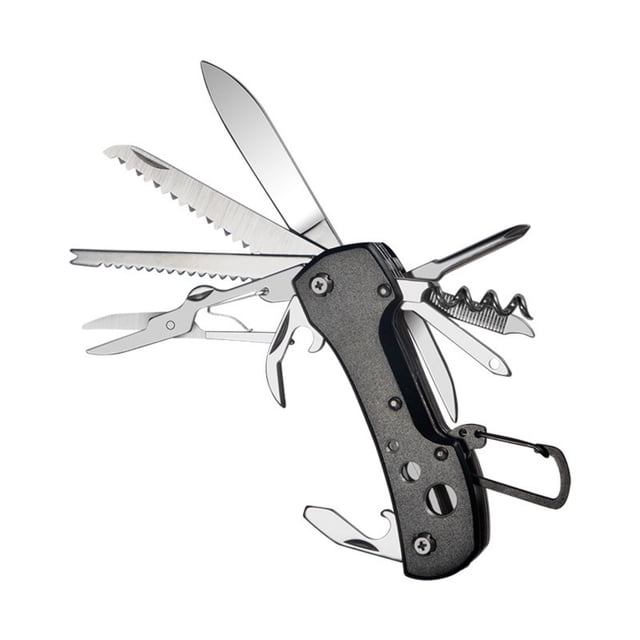 Stainless Steel Swiss Style Army Pocket Knife Multitools 11-in-1 featuring a folding design with multiple tools including a sharp blade, saw, scissors, bottle opener, can opener, Phillips screwdriver, and corkscrew. Made of durable 430 stainless steel with an ergonomic anti-skid handle, this compact and portable tool is ideal for outdoor activities like camping, hiking, and fishing, as well as household tasks. The black handle adds a sleek appearance.