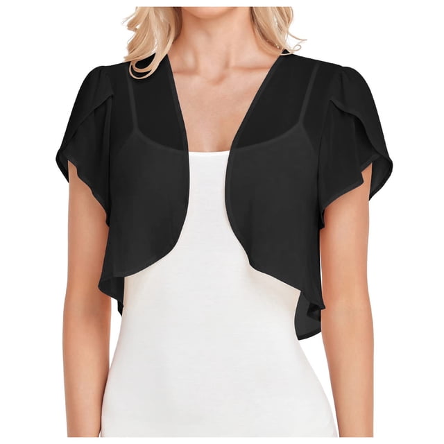 Women Fashion Solid Short Vintage Cardigan Sleeve Cropped Bolero Open Womens Button Down Cardigan Sweaters Front Chiffon Cardigan