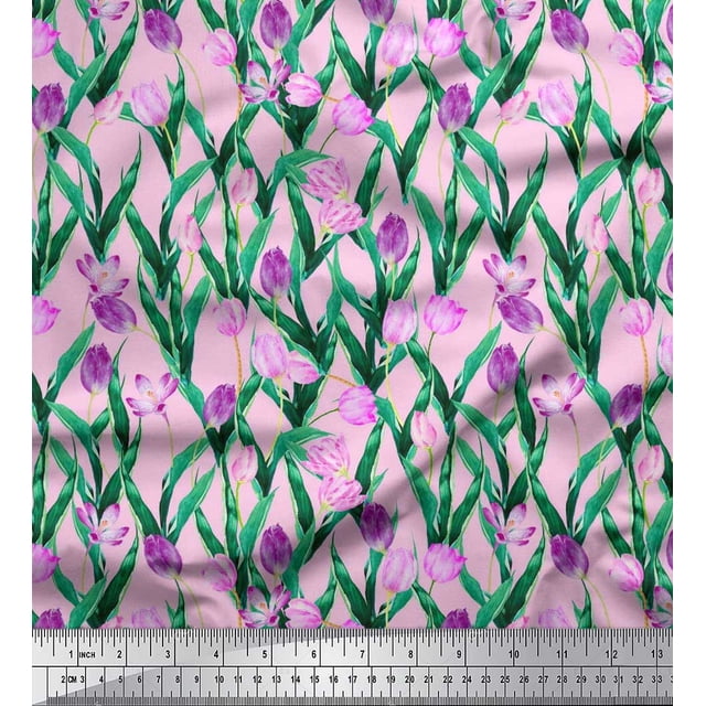 Soimoi Poly Georgette Fabric Leaves & Tulip Floral Print Fabric by Yard 52 Inch Wide