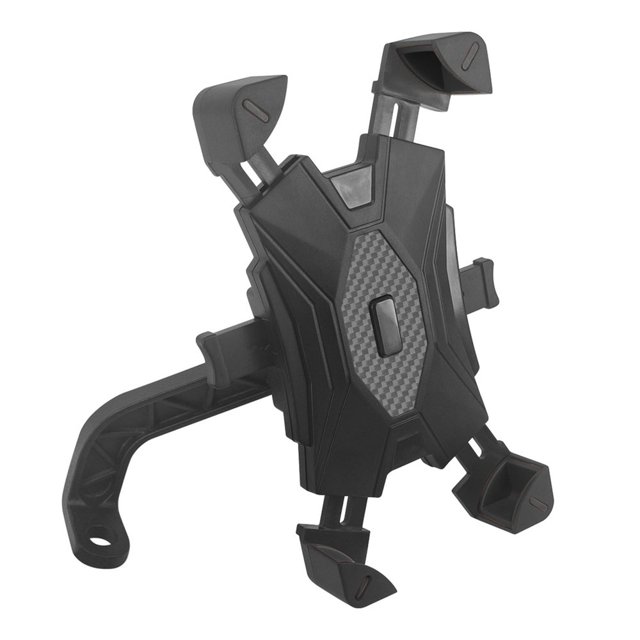 Mobile Phone Holder No Button Blocking Anti-skid Four Corner Locking Convenient Operation Cellphone Containing Bicycle Phone Rack. This black plastic phone holder features a four-corner locking design that secures the phone without blocking buttons or screen information. It is 360-degree rotatable, adjustable to fit various phone models, and suitable for use on bikes, scooters, motorcycles, and electromobiles.