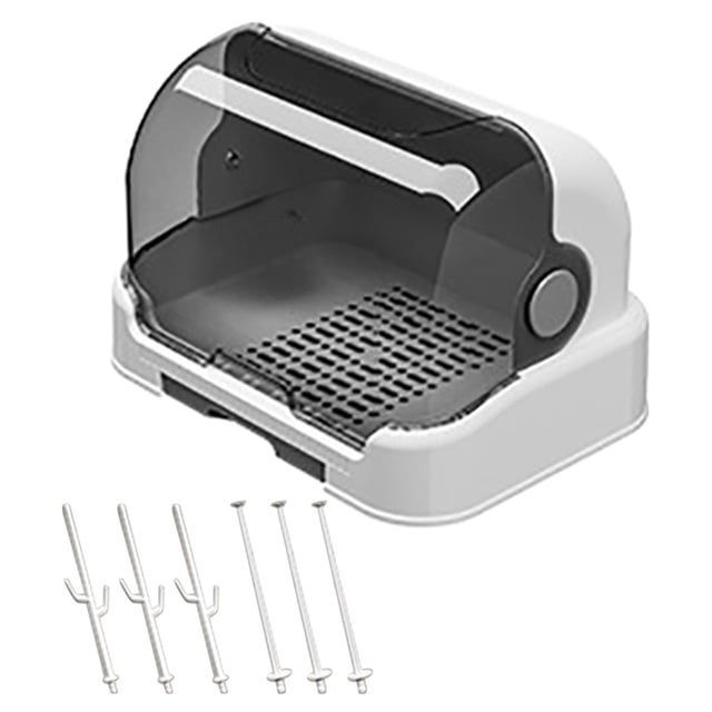 Baby Bottle Drying Rack by EQWLJWE in grey, featuring a compact design with a protective cover and a perforated base for efficient drying. Includes six detachable stands for organizing bottles, teats, and accessories. The rack has a removable drip tray for easy water disposal and folds flat for convenient storage. Dimensions: 31.5 x 25.5 x 25 cm.