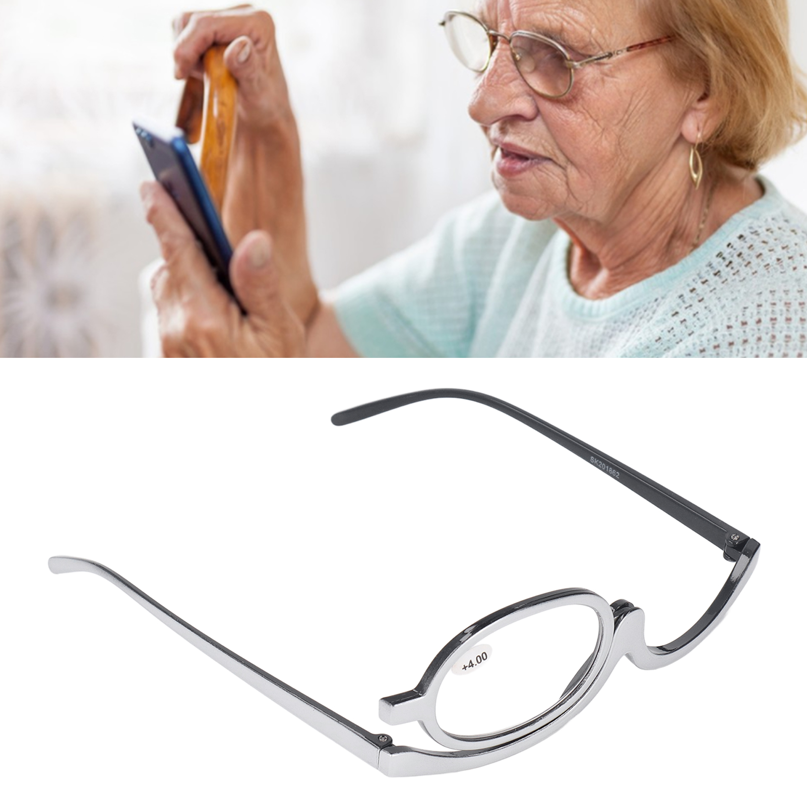 Makeup Reading Glasses, 180 Degree Rotation Single Flip Up Lens Magnifying Makeup Glasses  with Eyeglass Case for Makeup +4.00