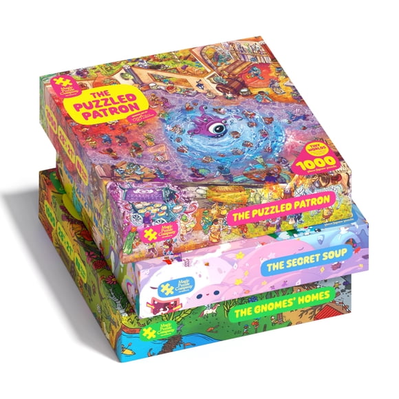 Magic Puzzles 3-Pack • Series Three • The Secret Soup, The Puzzled Patron, & The Gnomes' Homes • 1000 Piece Jigsaw Puzzles from The Magic Puzzl