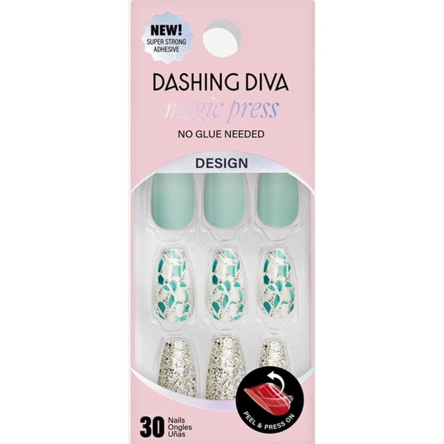 DD- MAGIC PRESS - METEORITE MAYHEM press-on nails set with 30 long coffin-shaped nails in mint green, mosaic meteorite pattern with teal and silver accents, and silver glitter nails, featuring super strong adhesive for no-glue peel and press application.
