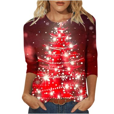 Pisexur Hauts de Noël pour Femmes Décontractés à Col Rond Manches 3/4 T-Shirts Mode Imprimé de Noël T-Shirt de Fête Hauts Mode Amples T-Shirts d'Automne