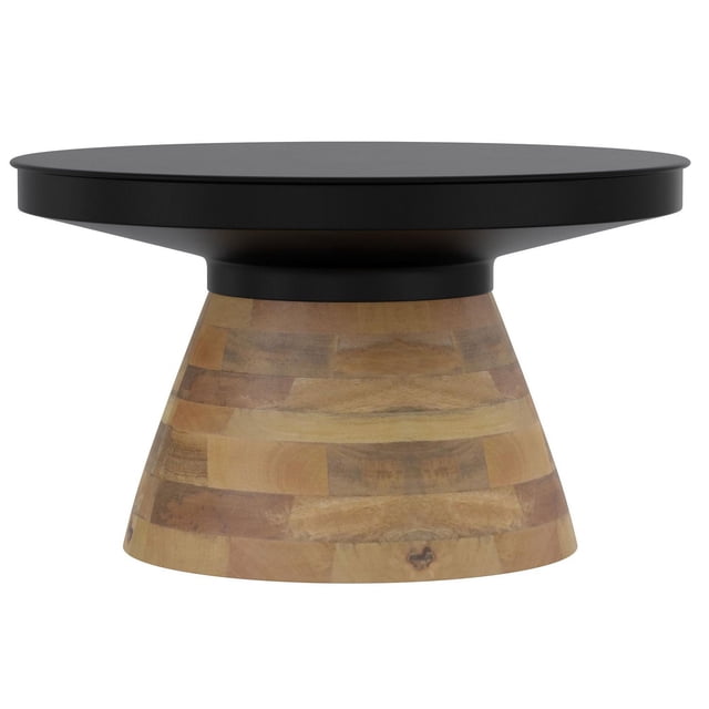 Table Basse Ronde Moderne en Métal et Bois Massif - Noir et Noyer avec un Plateau Rond en Fer Noir et une base Piédestal en Bois de Manguier Massif en patchwork Naturel de Noyer, Conçue dans un style Mi-Siècle pour le Salon et comme Table d'Appoint.